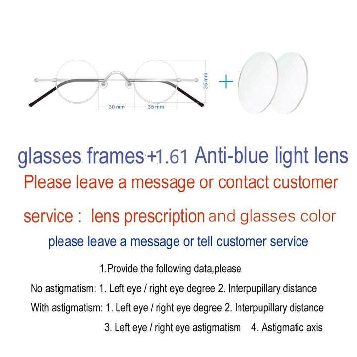 Yujo Unisex Semi Rim Round Stainless Steel Eyeglasses Customized Lens Options 35mm Semi Rim Yujo 1.61 China 
