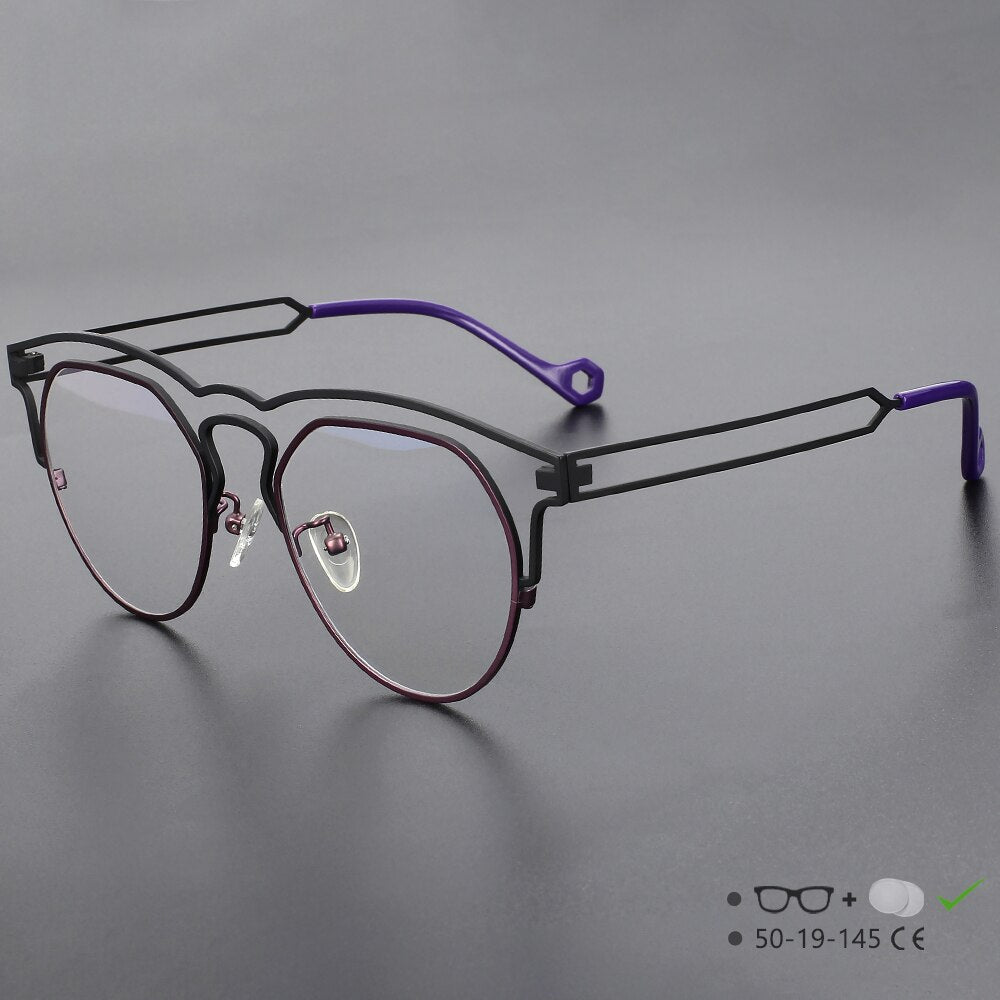 CCspace Unisex Full Rim Round Double Bridge Titanium Eyeglasses 55522 Full Rim CCspace BlackPurple China 