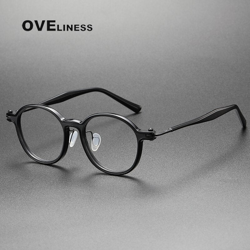 Oveliness Unisex Full Rim Round Square Acetate Titanium Eyeglasses 5883 Full Rim Oveliness black  