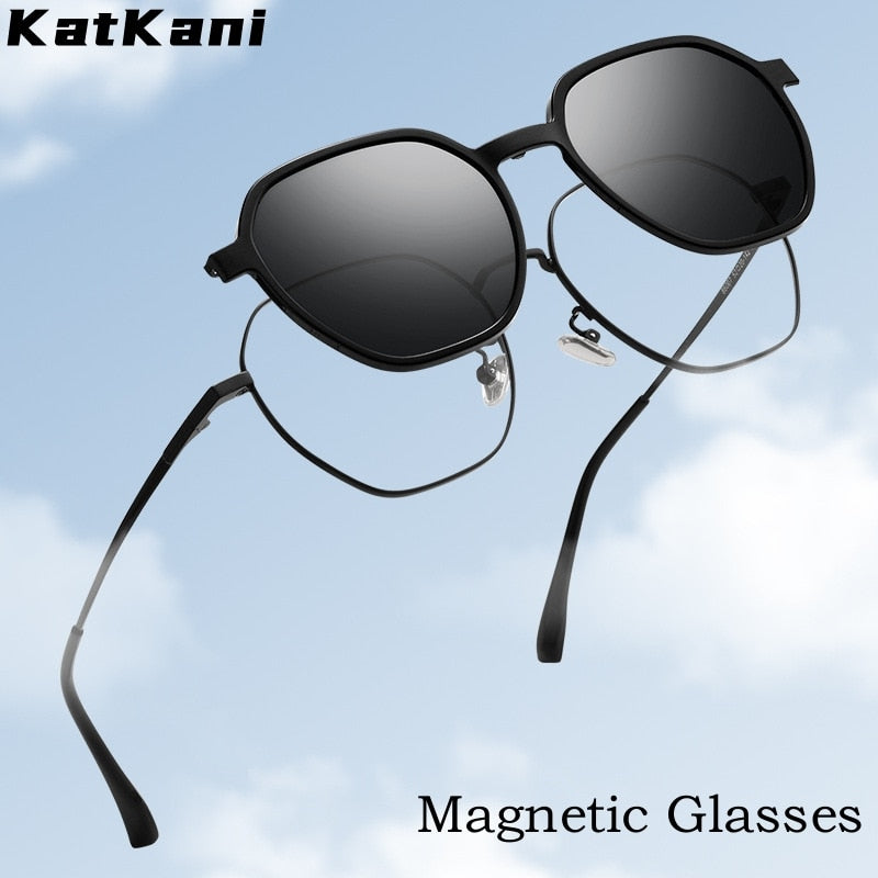KatKani Unisex Full Rim Polygonal Alloy Eyeglasses With Clip On Polarized Sunglasses 86007 Clip On Sunglasses KatKani Eyeglasses   