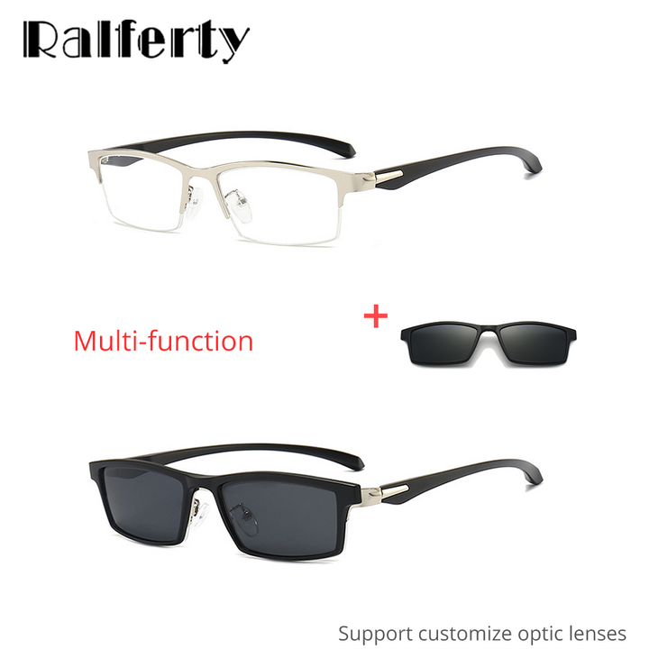 Ralftery Men's Semi Rim Rectangle Alloy Eyeglasses With Clip On Polarized Sunglasses Tr2347 Clip On Sunglasses Ralferty   