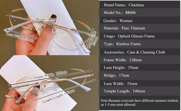 Chashma Women's Rimless Rectangle Titanium Glitter Edge Lens Eyeglasses 88606 Rimless Chashma   