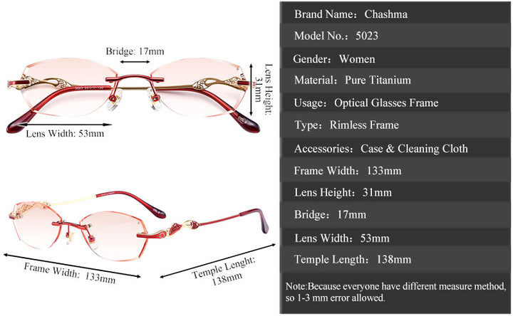 Chashma Women's Rimless Diamond Cut Titanium Oval Frame Eyeglasses 5023 Rimless Chashma   