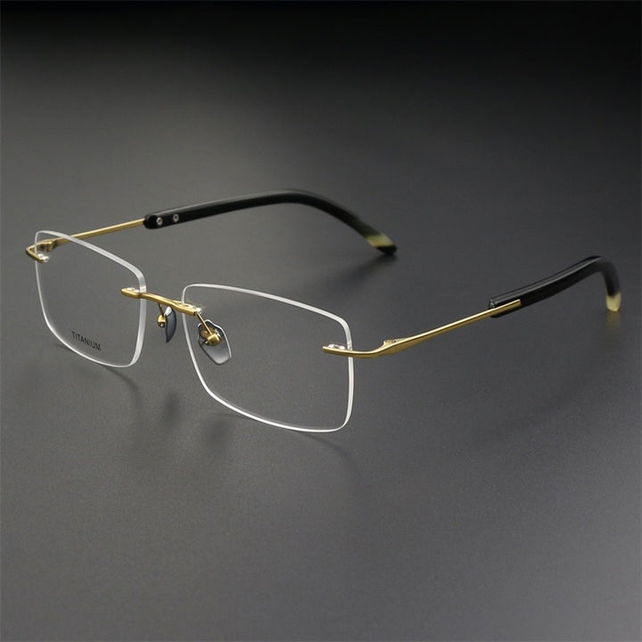 Hdcrafter Men's Rimless Square Titanium Horn Temple Eyeglasses Hs921 Rimless Hdcrafter Eyeglasses Gold  