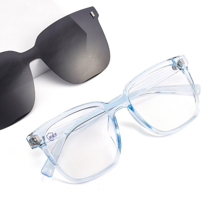 KatKani Unisex Full Rim TR 90 Resin Frame Eyeglasses Magnetic Clip On Sunglasses 82107 Clip On Sunglasses KatKani Eyeglasses Transparent Blue  