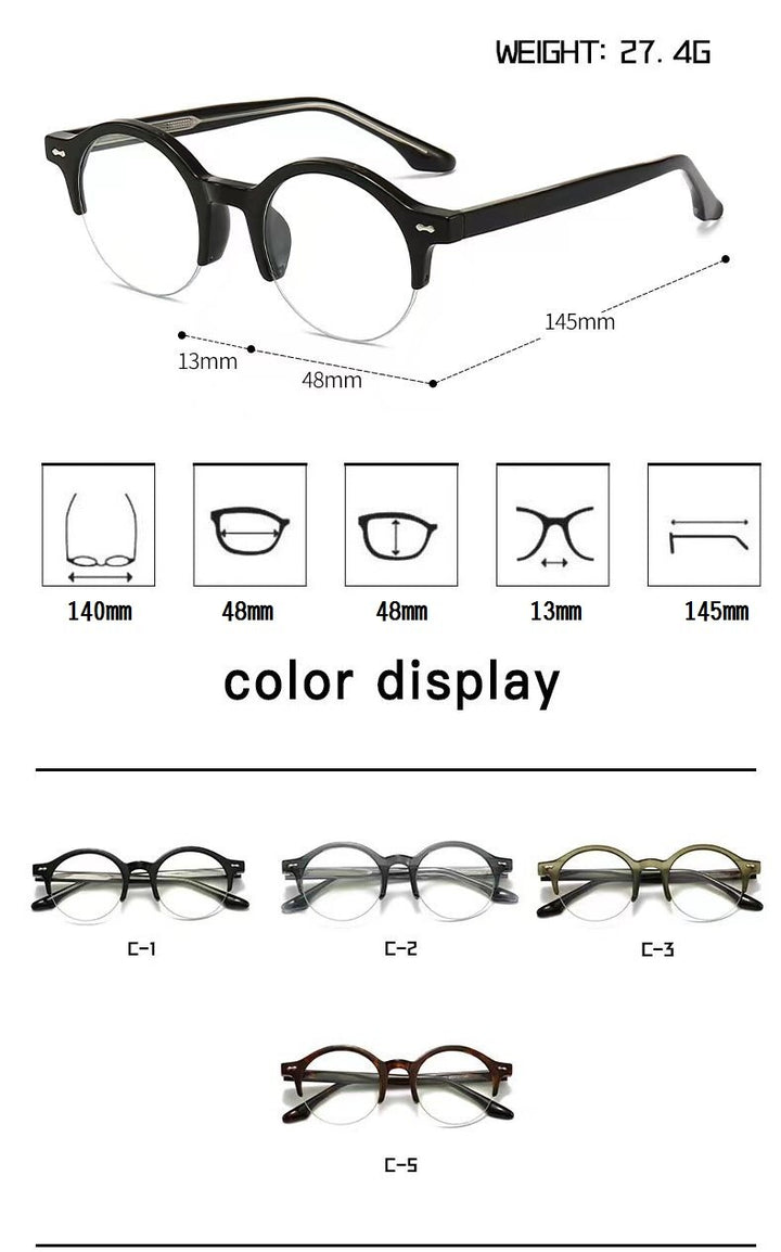 Cubojue Unisex Semi Rim Round Acetate Alloy Myopic Reading Glasses 8620 Reading Glasses Cubojue   