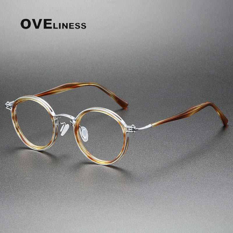Oveliness Unisex Full Rim Round Acetate Titanium Eyeglasses 5862 Full Rim Oveliness tea tortoise silver  