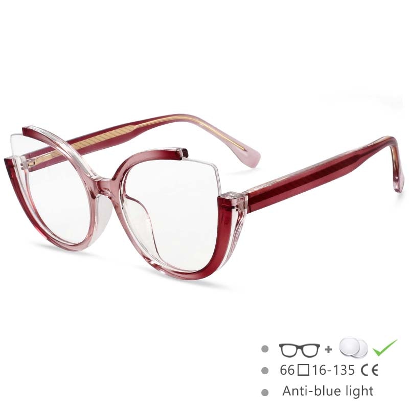 CCSpace Women's Semi Rim Cat Eye Tr 90 Titanium Eyeglasses 54627 Semi Rim CCspace China Purple-red 
