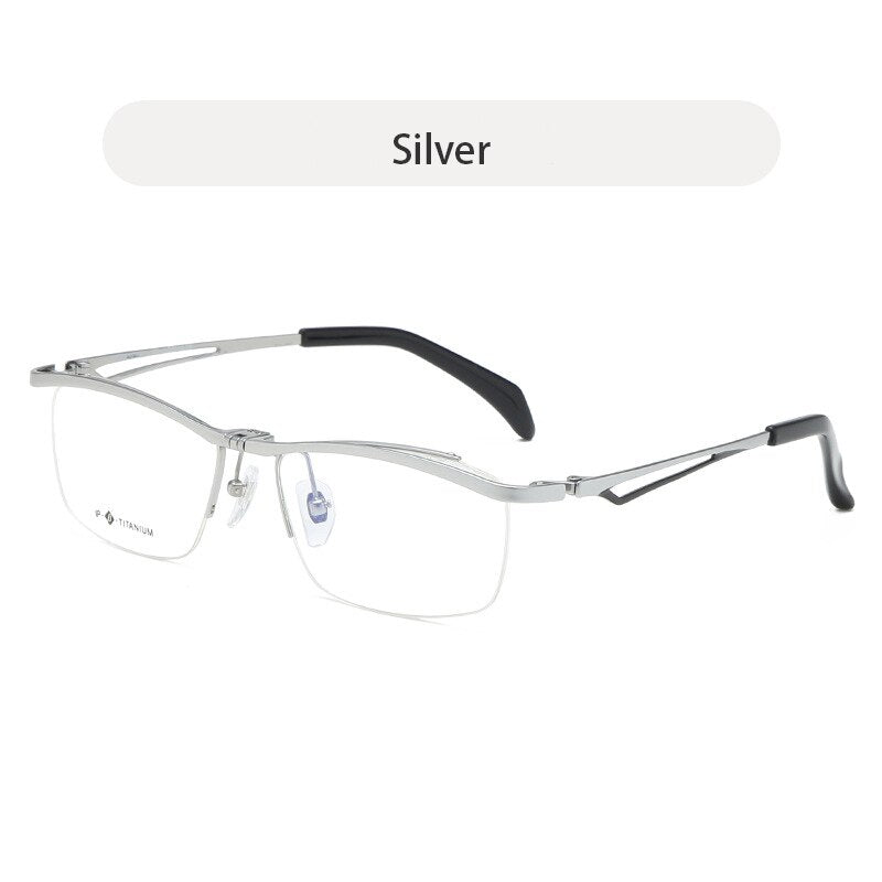 Hdcrafter Unisex Semi Rim Rectangle Titanium Flip Up Frame Eyeglasses T18044 Semi Rim Hdcrafter Eyeglasses Sliver  