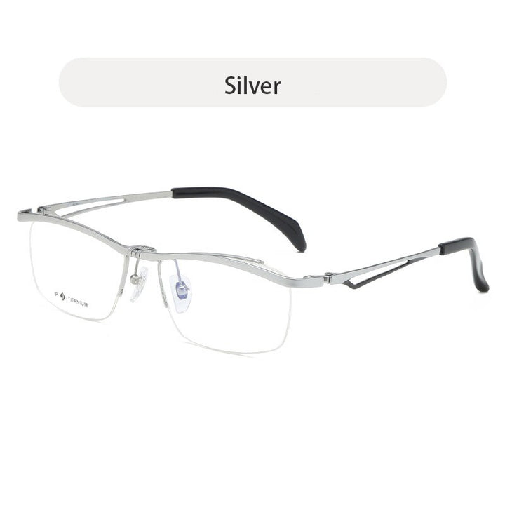 Hdcrafter Unisex Semi Rim Rectangle Titanium Flip Up Frame Eyeglasses T18044 Semi Rim Hdcrafter Eyeglasses Sliver  