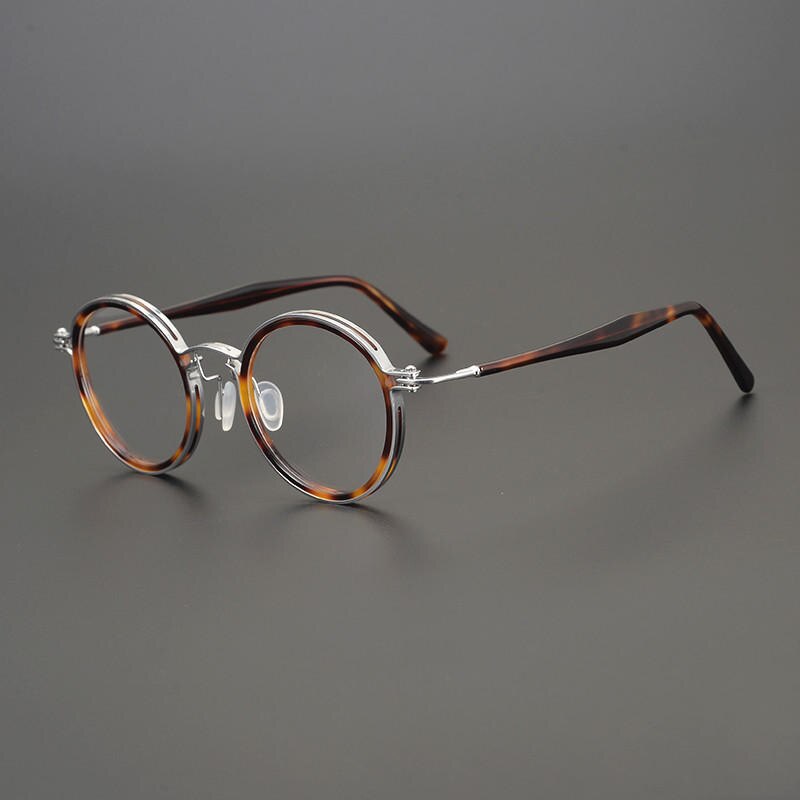 Gatenac Unisex Full Rim Round Acetate Titanium Frame Eyeglasses Gxyj576 Full Rim Gatenac Silver Tortoiseshell  