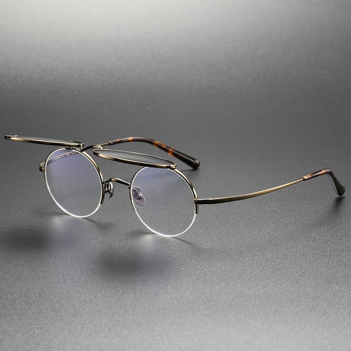 Muzz Unisex Semi Rim Round Titanium Eyeglasses Flip Up Polarized Sunglasses 54 Semi Rim Muzz Auburn  