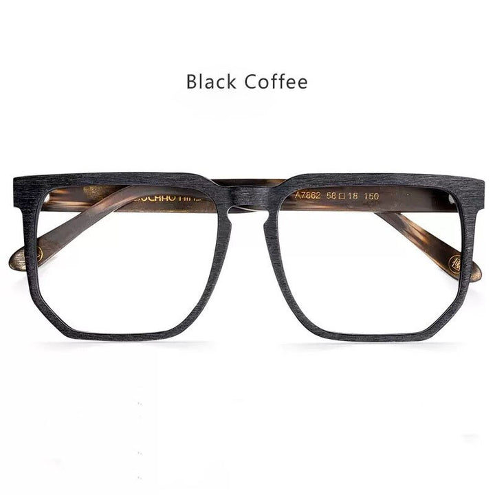 Hdcrafter Men's Full Rim Oversized Wide Square Wood Eyeglasses 7862 Full Rim Hdcrafter Eyeglasses Black Coffee  