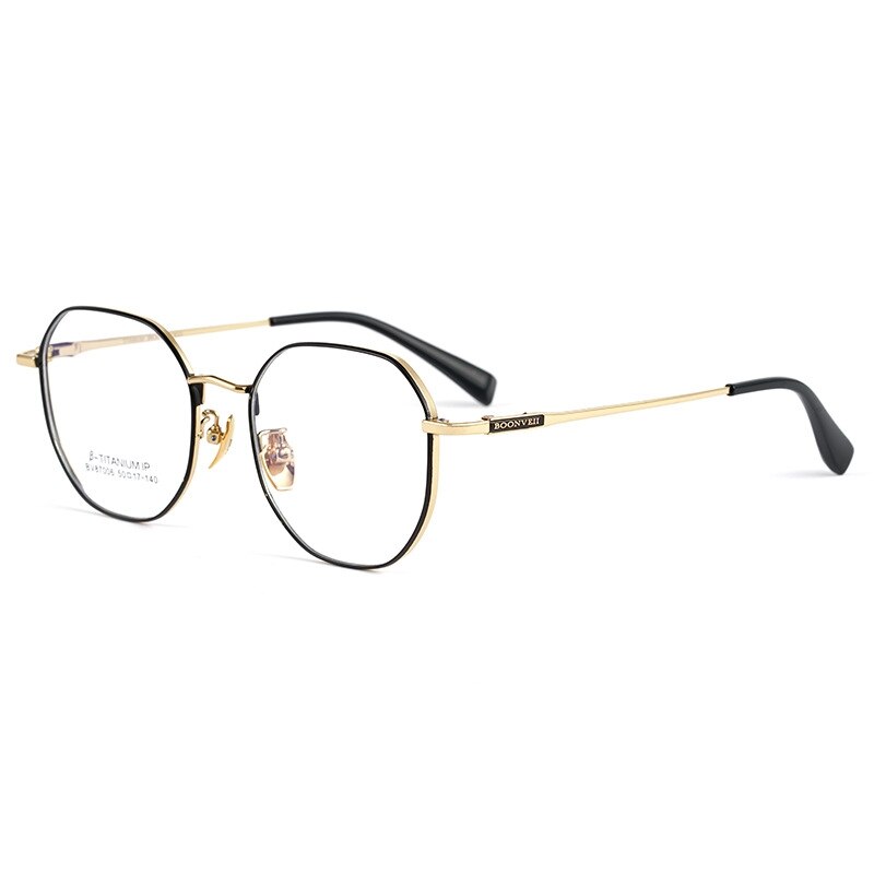 KatKani Unisex Full Rim Polygon Titanium Eyeglasses 87006 Full Rim KatKani Eyeglasses Black Gold  