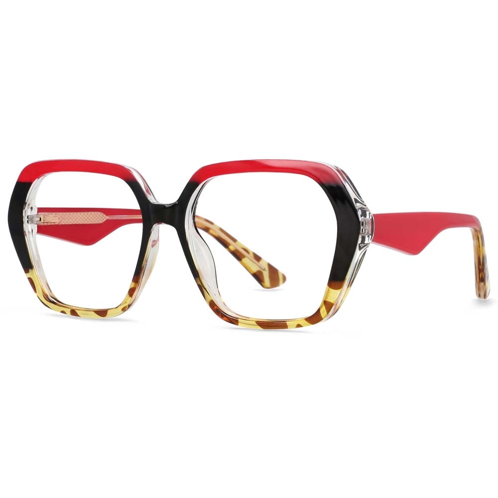 CCspace Women's Full Rim Irregular Square Tr 90 Titanium Eyeglasses 55340 Full Rim CCspace China C4RedBlackAmber 