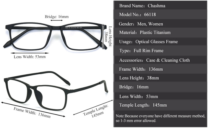 Chashma Unisex Full Rim Ultem Titanium Wide Frame Eyeglasses 6611 Full Rim Chashma   