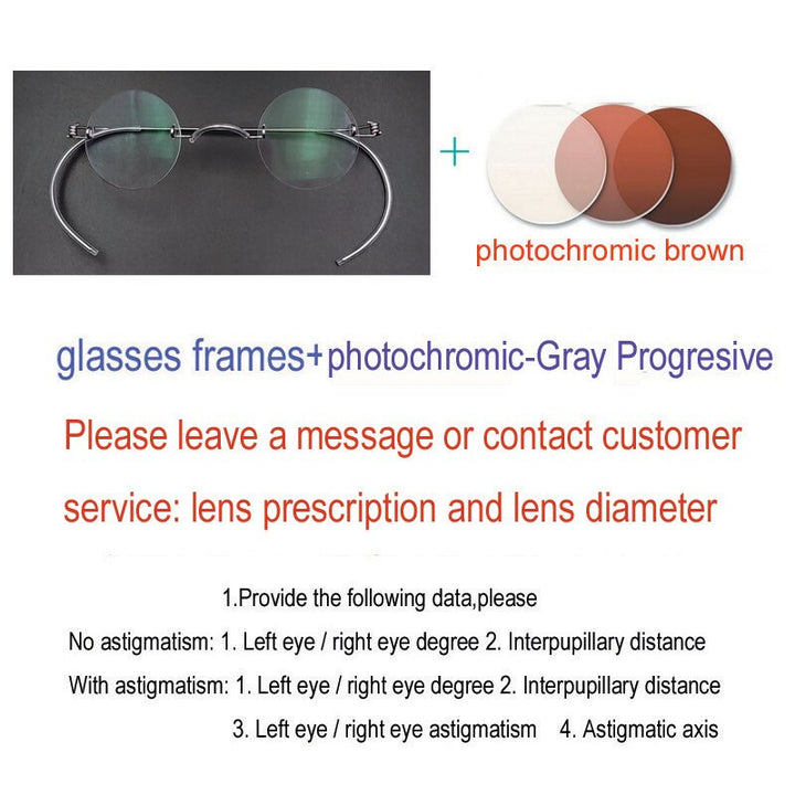 Yujo Unisex Rimless Small Round Stainless Steel Screwless Eyeglasses Customized Lens Options Rimless Yujo Progressive Photochromic Brown China 