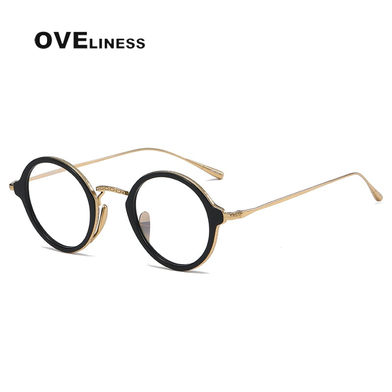 Oveliness Unisex Full Rim Round Acetate Titanium Eyeglasses 1110 Full Rim Oveliness Black gold  