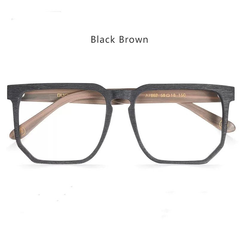 Hdcrafter Men's Full Rim Oversized Wide Square Wood Eyeglasses 7862 Full Rim Hdcrafter Eyeglasses Black Brown  