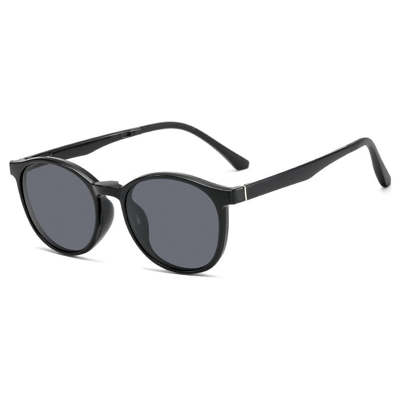 KatKani Unisex Full Rim Round Acetate Eyeglasses Clip On Polarized Sunglasses TJ2159 Sunglasses KatKani Eyeglasses Bright Black C1  