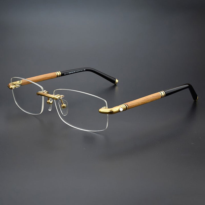 Hdcrafter Men's Rimless Square Wood Titanium Eyeglasses Mb491 Rimless Hdcrafter Eyeglasses Gold  