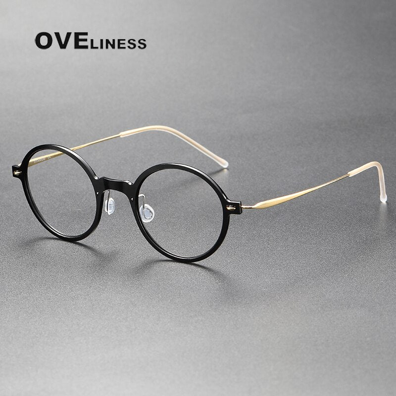 Oveliness Unisex Full Rim Round Screwless Acetate Titanium Eyeglasses 6508 Full Rim Oveliness black gold  