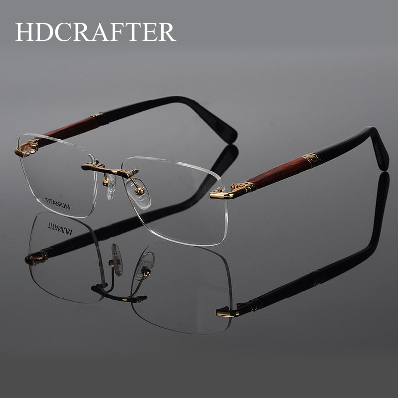 Hdcrafter Men's Rimless Square Rose Wood Temple Titanium Eyeglasses Ls01 Rimless Hdcrafter Eyeglasses   