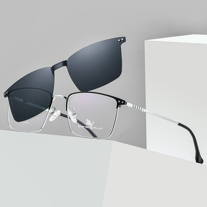 Bclear Men's Full Rim Square Alloy Frame Eyeglasses With Clip On Polarized Sunglasses Zt94016 Sunglasses Bclear   