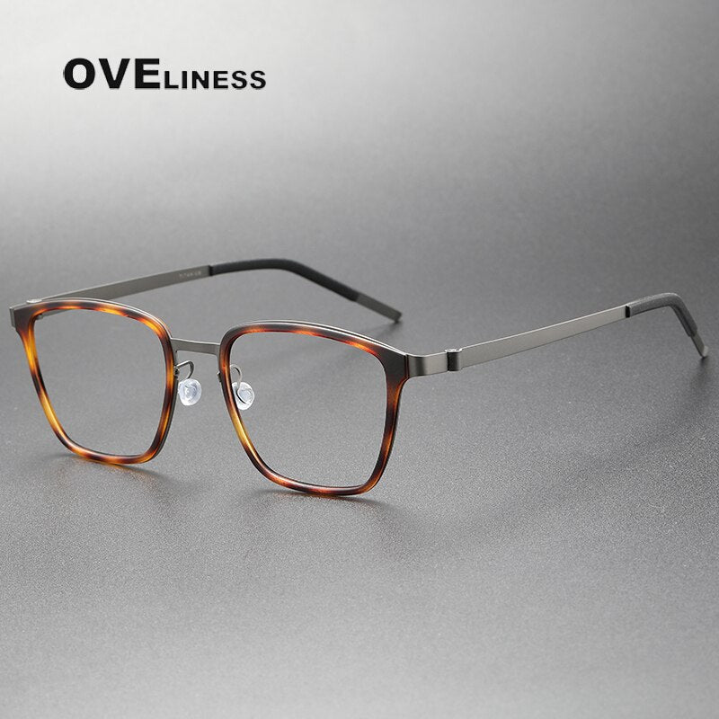 Oveliness Unisex Full Rim Square Screwless Acetate Titanium Eyeglasses 9749 Full Rim Oveliness tortoise gun  