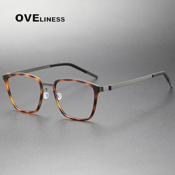 Oveliness Unisex Full Rim Square Screwless Acetate Titanium Eyeglasses 9749 Full Rim Oveliness tortoise gun  