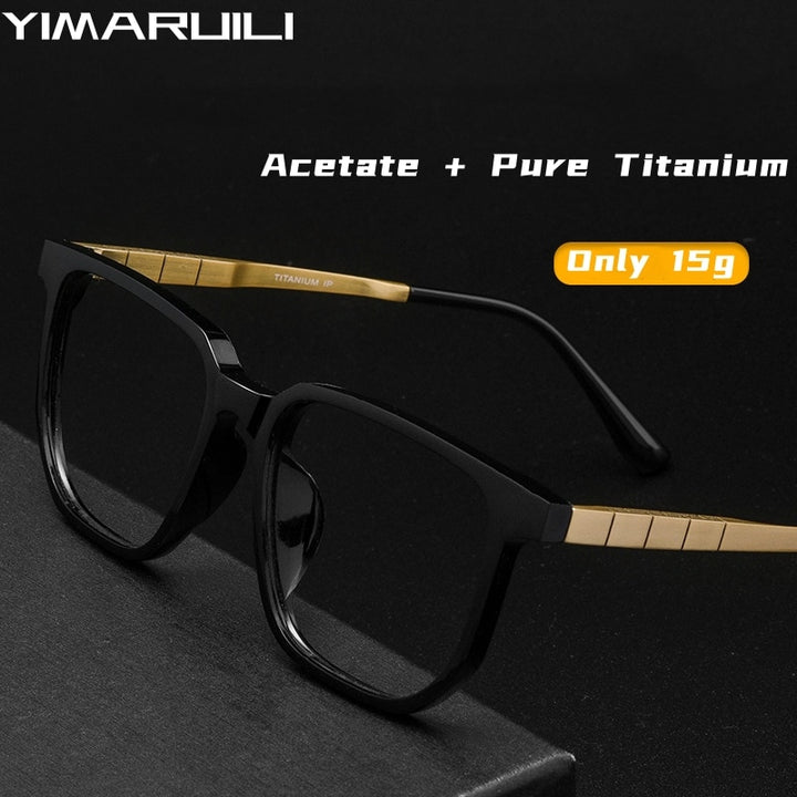 Yimaruili Men's Full Rim Square Acetate Titanium Eyeglasses 15210t Full Rim Yimaruili Eyeglasses   