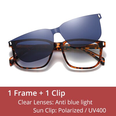 Ralferty Men's Full Rim Square Tr 90 Acetate Eyeglasses With Clip On Polarized Sunglasses D7201 With Clip Ons Ralferty C645 Leopard China As picture