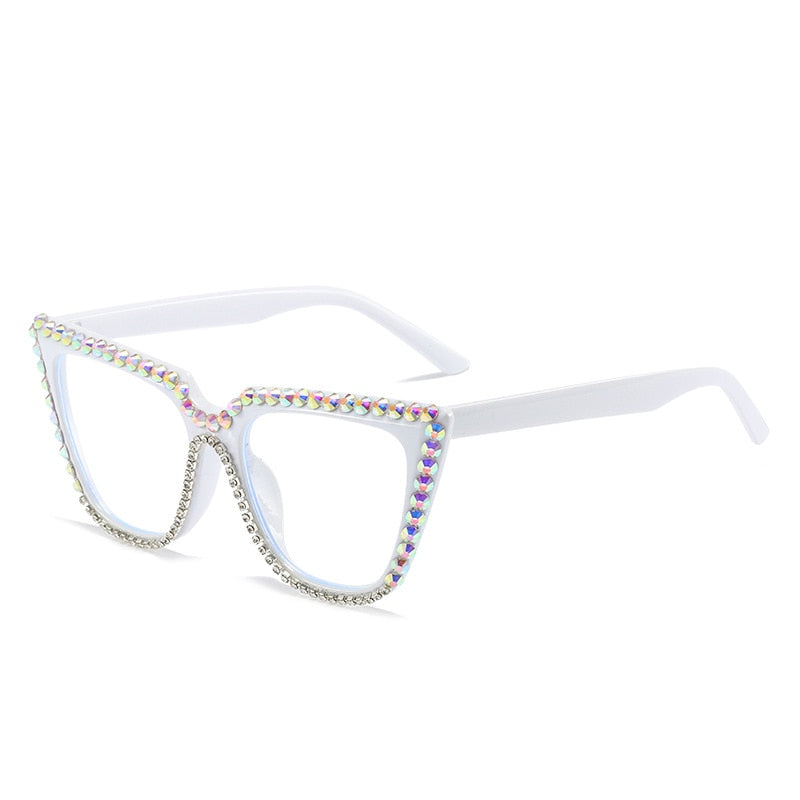 Cubojue Unisex Full Rim Rhinestone Studded Cat Eye Myopia Reading Reading Glasses Cubojue 0 anti blue light White 