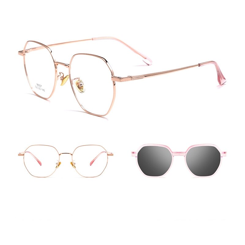 KatKani Unisex Full Rim Polygonal Alloy Eyeglasses With Clip On Polarized Sunglasses 86007 Clip On Sunglasses KatKani Eyeglasses Rose Gold  
