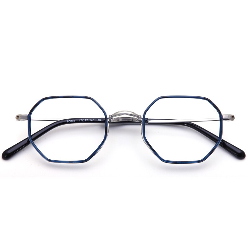 Muzz Unisex Full Rim Polygonal Round Titanium Acetate Frame Eyeglasses 80836 Full Rim Muzz Blue Silver  