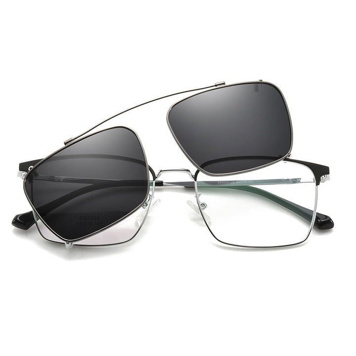 Bclear Men's Full Rim Square Alloy Frame Eyeglasses With Clip On Polarized Sunglasses Zt95004 Sunglasses Bclear   