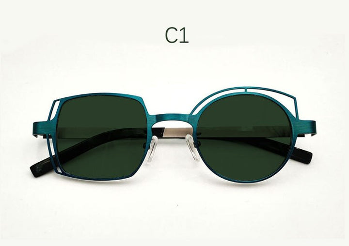 Yujo Unisex Full Rim Irregular Square Round Stainless Steel Polarized Sunglasses Sunglasses Yujo C1 C 