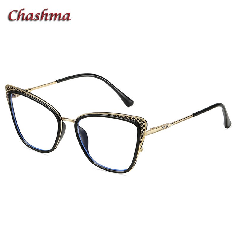 Chashma Women's Full Rim Cat Eye TR 90 Titanium Frame Eyeglasses 1525 Full Rim Chashma Black  
