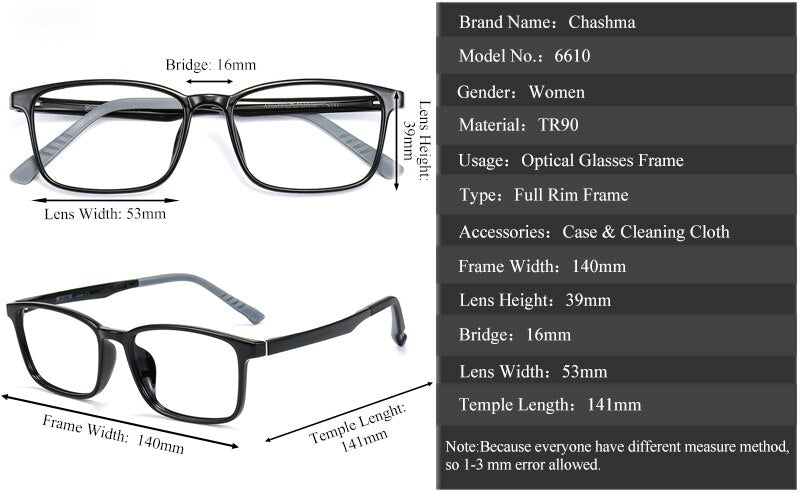 Chashma Unisex Full Rim TR 90 Stainless Steel Rectangular Frame Eyeglasses 6610 Full Rim Chashma   