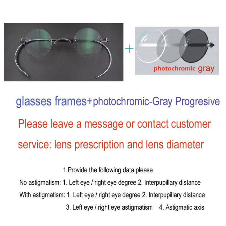 Yujo Unisex Rimless Small Round Stainless Steel Screwless Eyeglasses Customized Lens Options Rimless Yujo Progressive Photochromic Grey China 