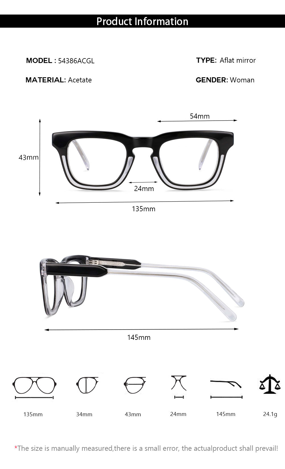 CCSpace Unisex Full Rim Square Acetate Frame Eyeglasses 54386 Full Rim CCspace   