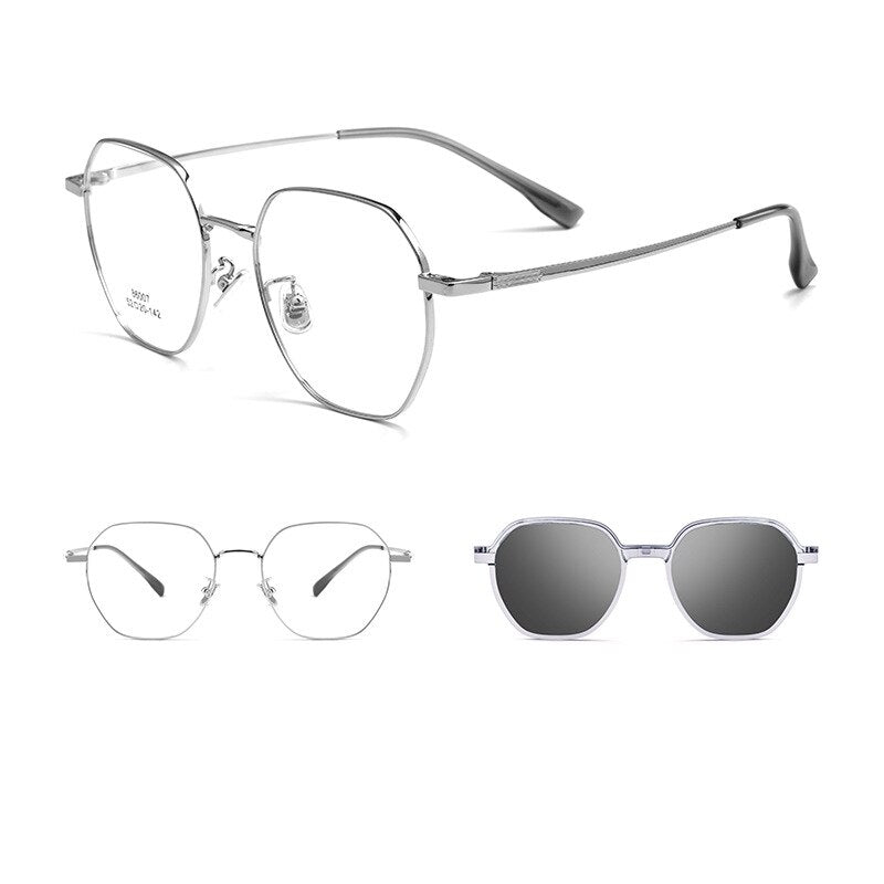 KatKani Unisex Full Rim Polygonal Alloy Eyeglasses With Clip On Polarized Sunglasses 86007 Clip On Sunglasses KatKani Eyeglasses Silver  