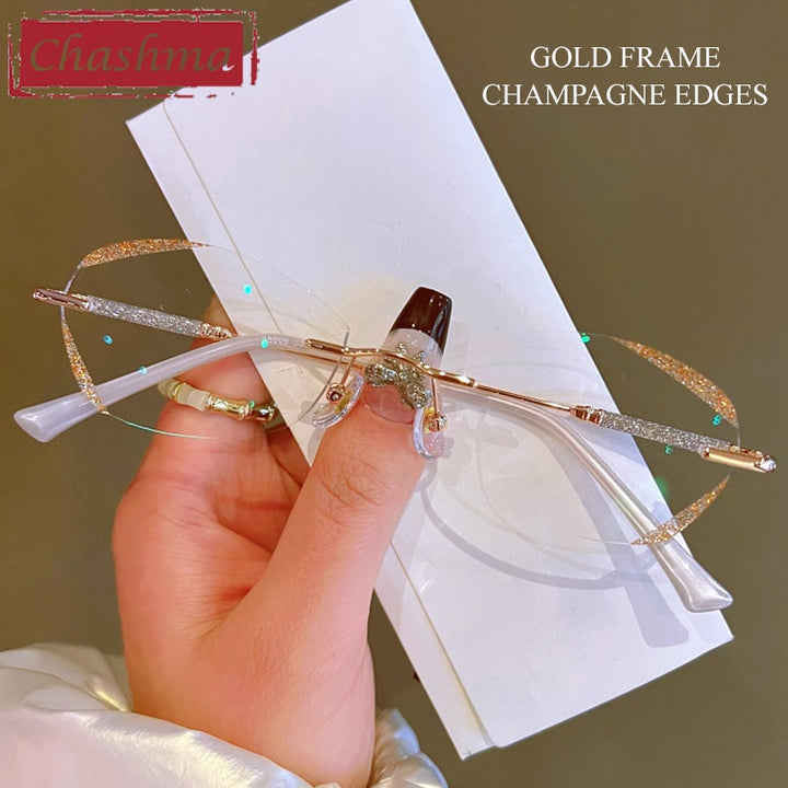 Chashma Women's Rimless Rectangle Titanium Glitter Edge Lens Eyeglasses 88606 Rimless Chashma Gold Brown  