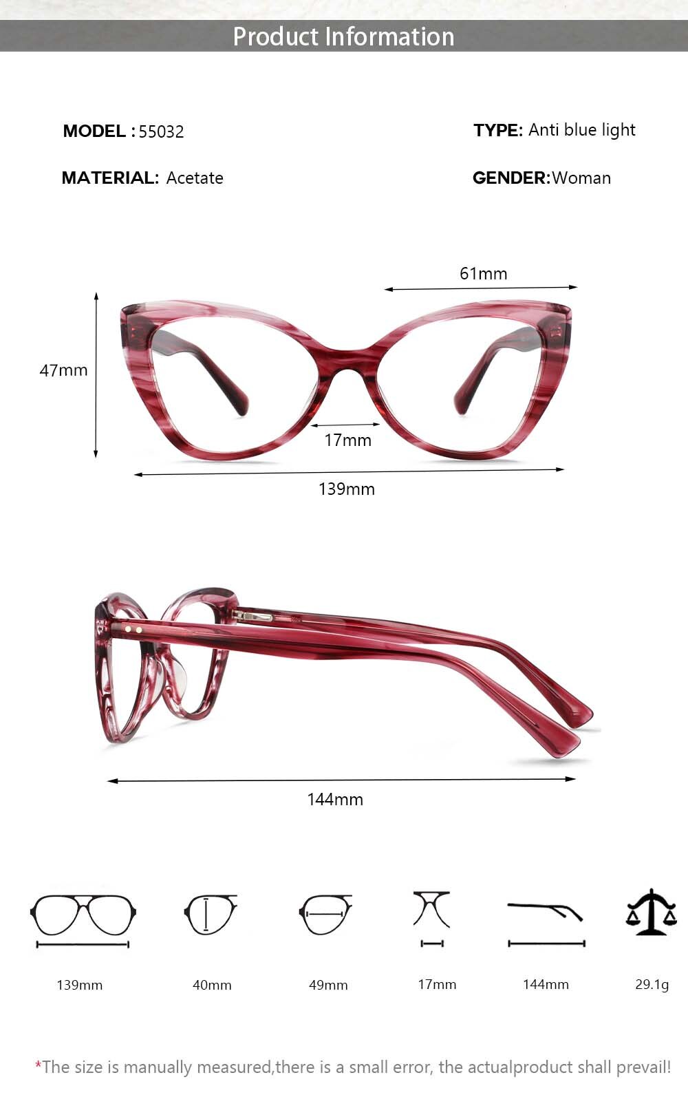 CCSpace Women's Full Rim Square Cat Eye Acetate Eyeglasses 55032 Full Rim CCspace   