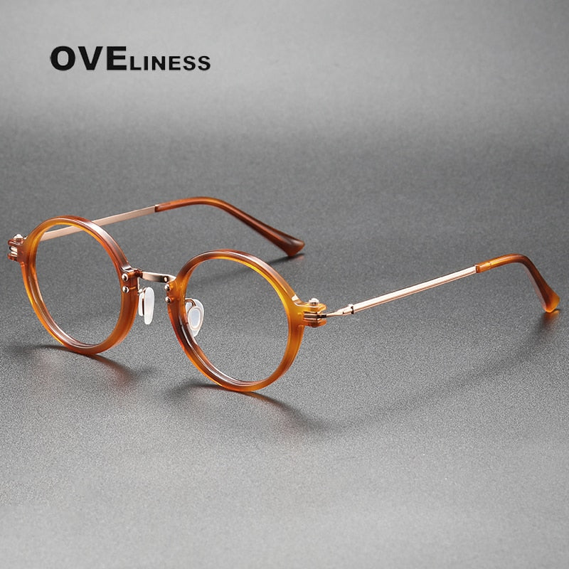 Oveliness Unisex Full Rim Round Acetate Titanium Eyeglasses 5866 Full Rim Oveliness brown gold  