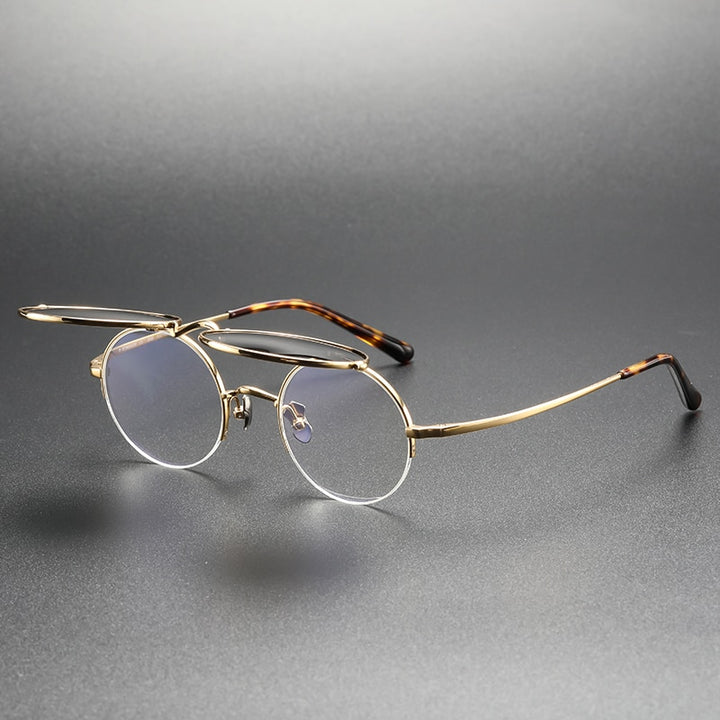 Muzz Unisex Semi Rim Round Titanium Eyeglasses Flip Up Polarized Sunglasses 54 Semi Rim Muzz Gold  