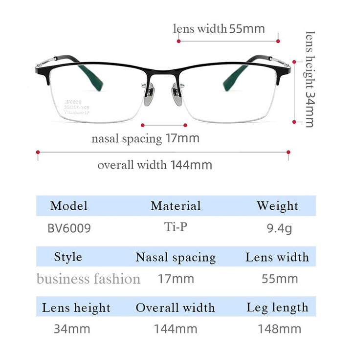 Hotochki Men's Semi Rim Square Tr 90 Titanium Frame Eyeglasses Bv6009 Semi Rim Hotochki   