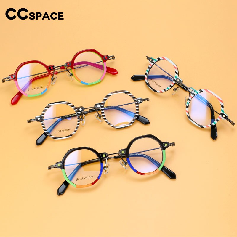 CCspace Unisex Full Rim Polygonal Round Acetate Titanium Eyeglasses 55345 Full Rim CCspace   