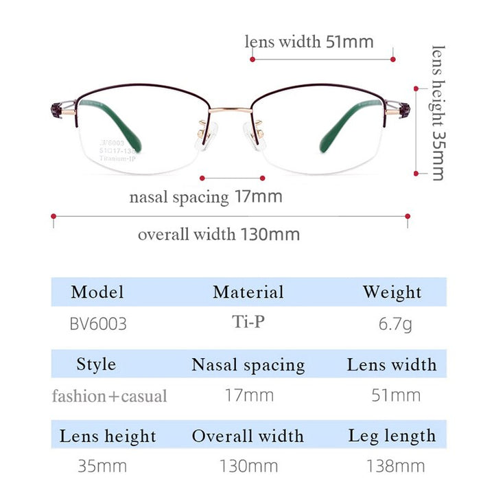 Hotony Women's Semi Rim Square Titanium Eyeglasses Bv6003 Semi Rim Hotony   