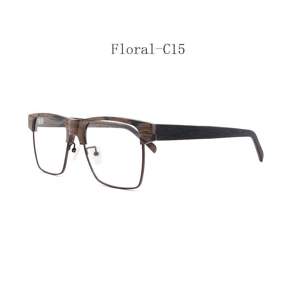Hdcrafter Men's Full Rim Large Square Wood Eyeglasses 6252 Full Rim Hdcrafter Eyeglasses Floral-C15  